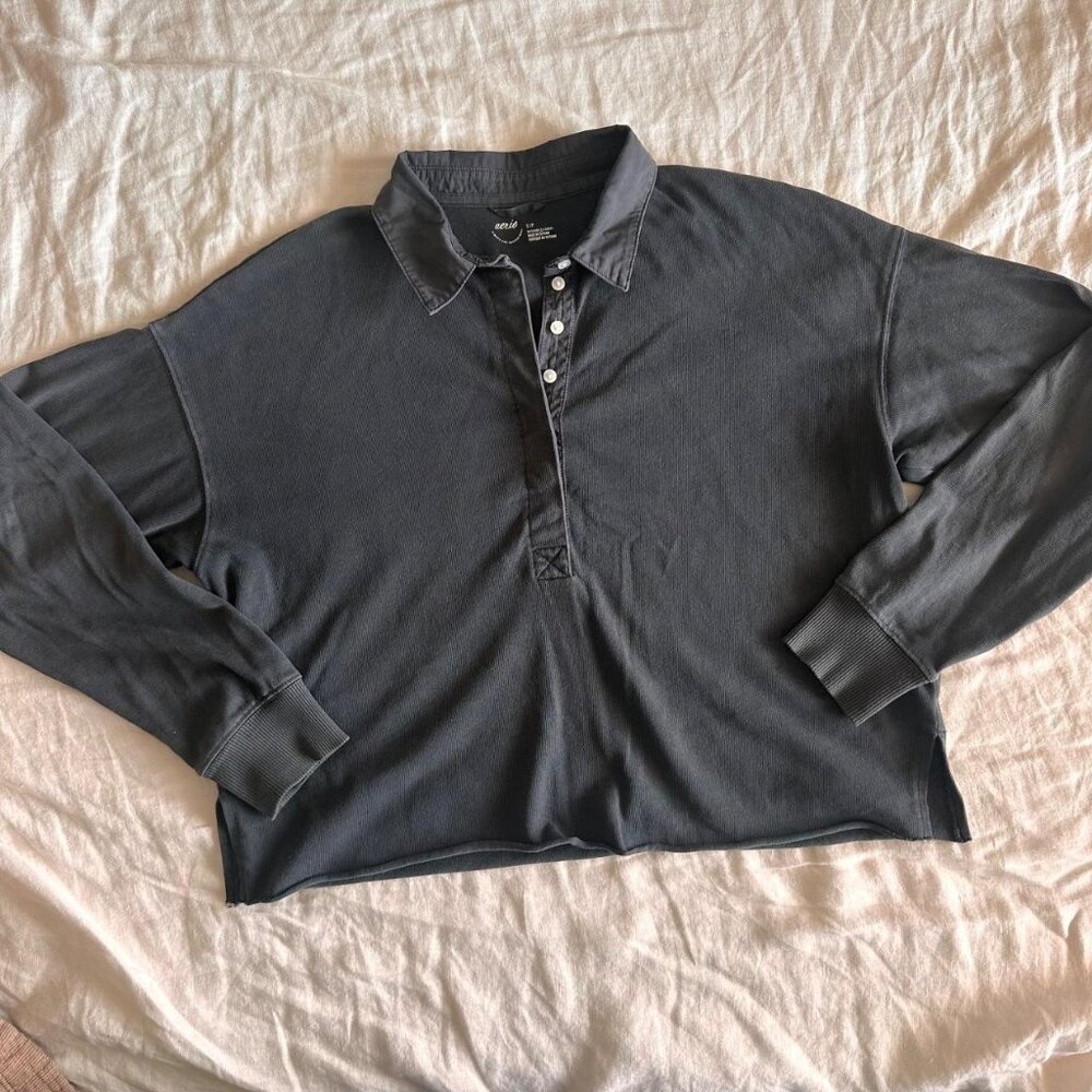 Women's Aerie Sporty Prep Rugby Polo Smoked Grey Small Preppy Athletic Small